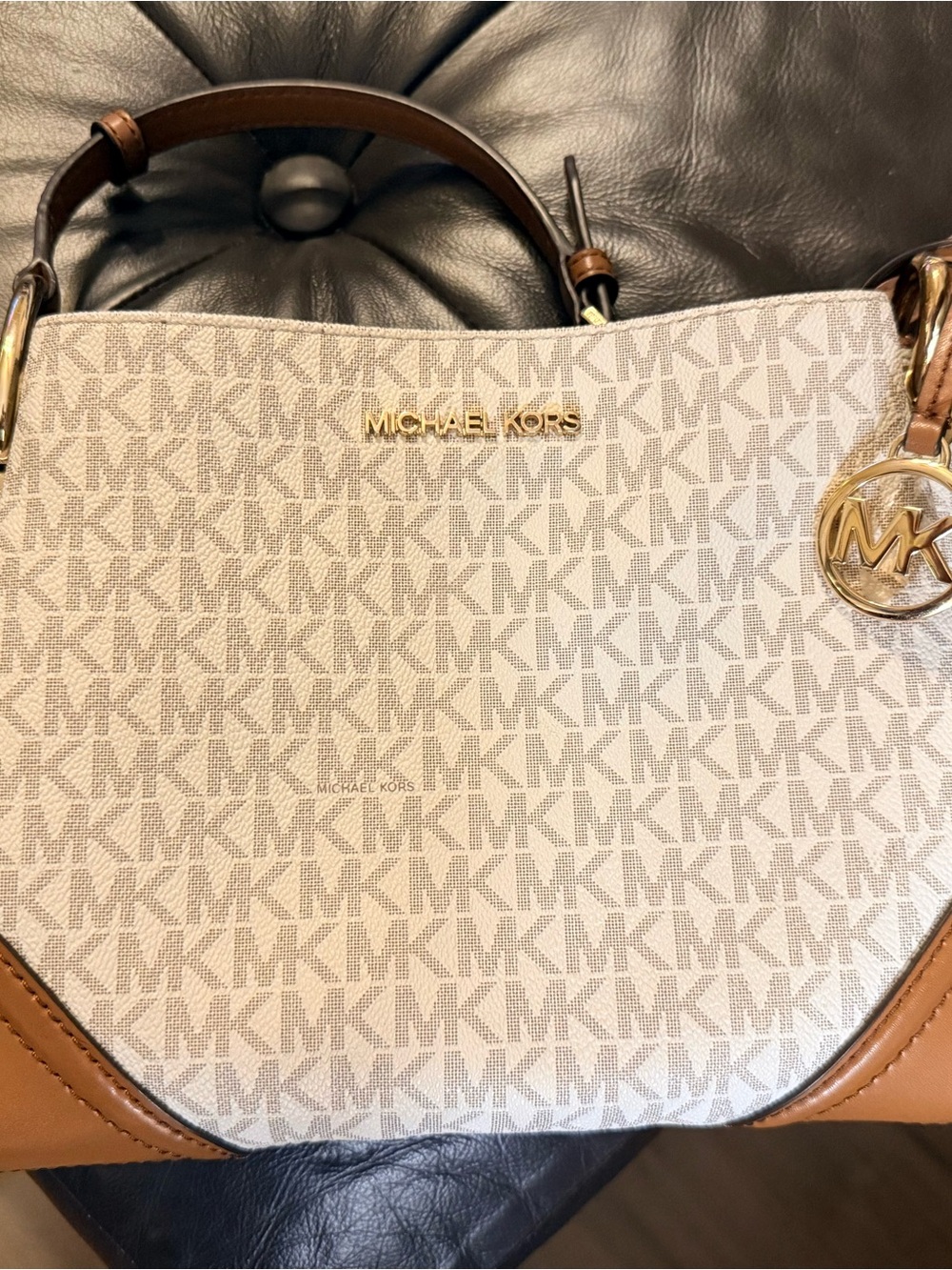 Michael Kors Cream & Brown Signature Logo Crossbody with Gold Hardware